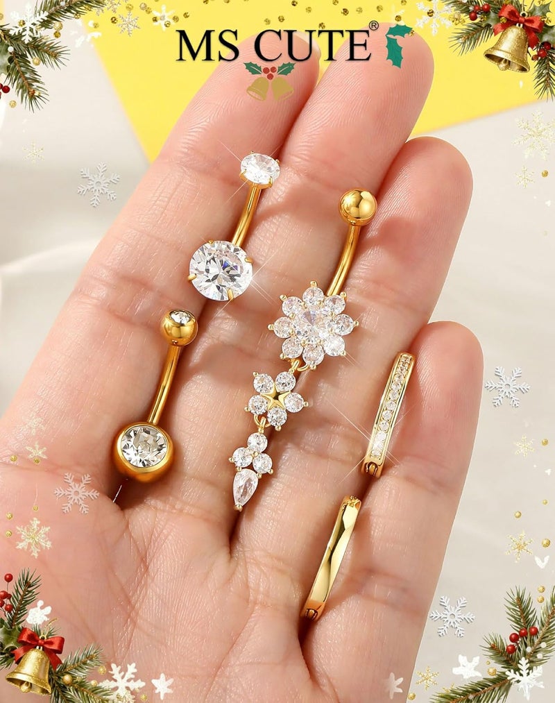 MS CUTE 5PCS Belly Button Rings for Women 14G Dangle Navel Piercing Jewelry Set Surgical Stainless Steel Body Jewelry with CZ Butterfly Flower Teardrop Barbell for Beach Festival Daily - Image 3
